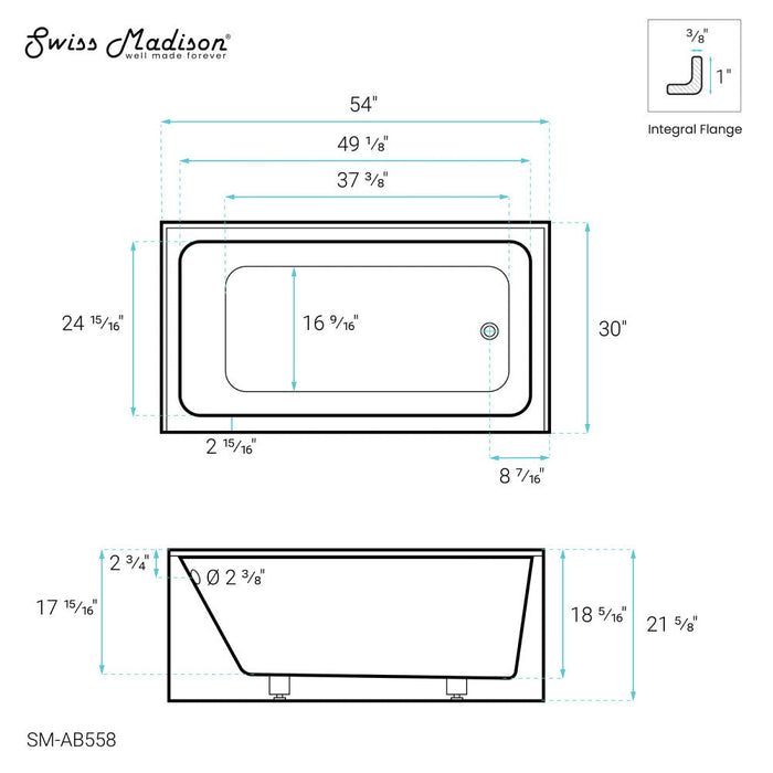 Swiss Madison Voltaire 54" x 30" Right-Hand Drain Alcove Bathtub with Apron - SM-AB558