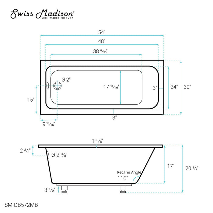 Swiss Madison Voltaire 54" x 30" Reversible Drain Drop-In Bathtub in Matte Black - SM-DB572MB