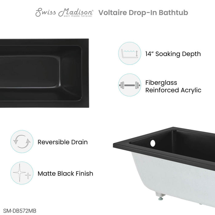 Swiss Madison Voltaire 54" x 30" Reversible Drain Drop-In Bathtub in Matte Black - SM-DB572MB