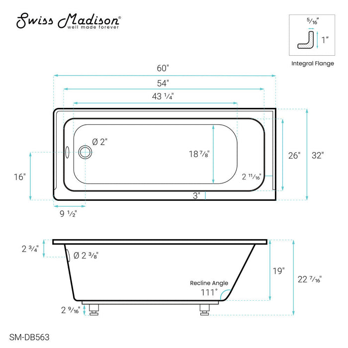 Swiss Madison Voltaire 60" x 32" Left-Hand Drain Alcove Bathtub - SM-DB563