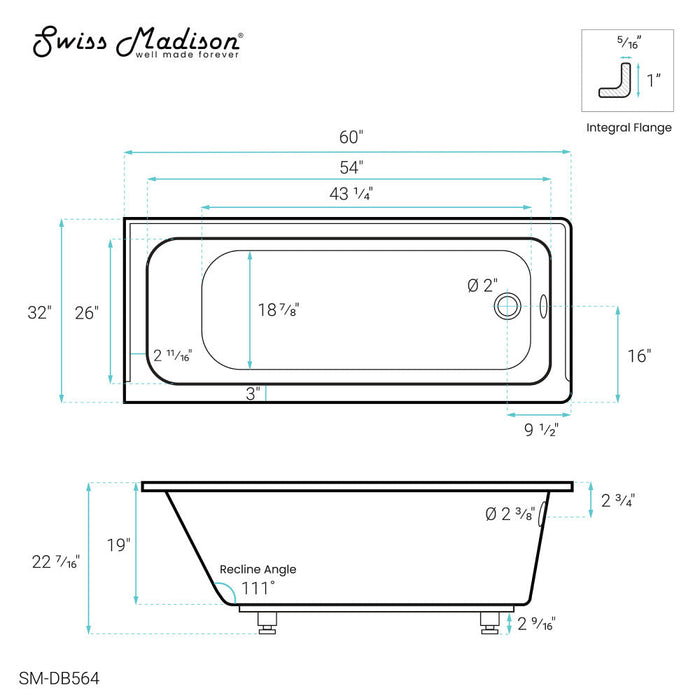 Swiss Madison Voltaire 60" x 32" Right-Hand Drain Alcove Bathtub - SM-DB564