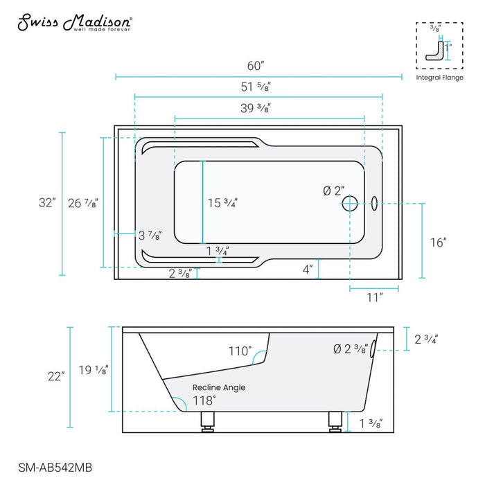 Swiss Madison Voltaire 60" x 32" Right-Hand Drain Alcove Bathtub with Apron in Matte Black - SM-AB542MB