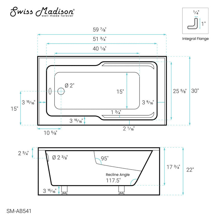 Swiss Madison Voltaire 60" x 30" Left-Hand Drain Alcove Bathtub with Apron and Armrest - SM-AB541