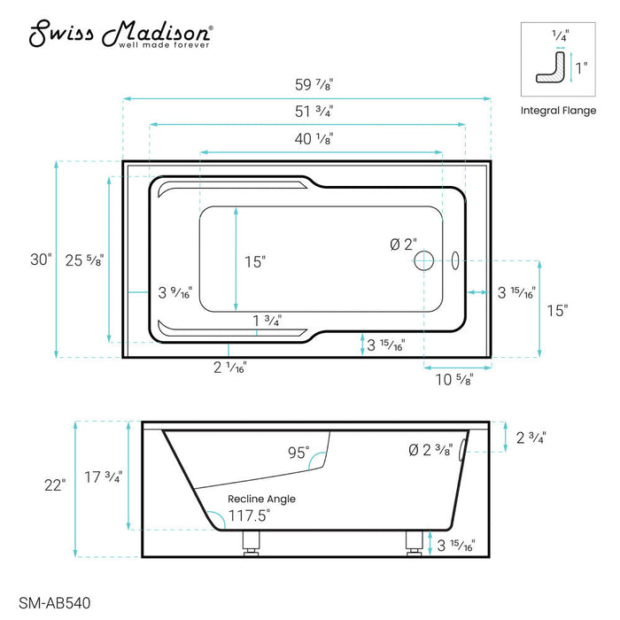 Swiss Madison Voltaire 60" x 30" Right-Hand Drain Alcove Bathtub with Apron and Armrest - SM-AB540