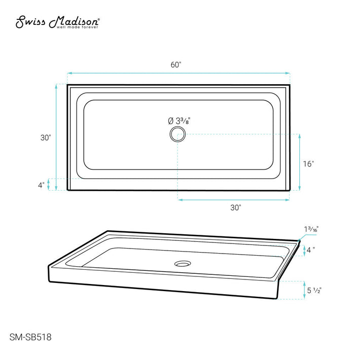 Swiss Madison Voltaire 60" x 30" Acrylic White, Single-Threshold, Center Drain, Shower Base - SM-SB518