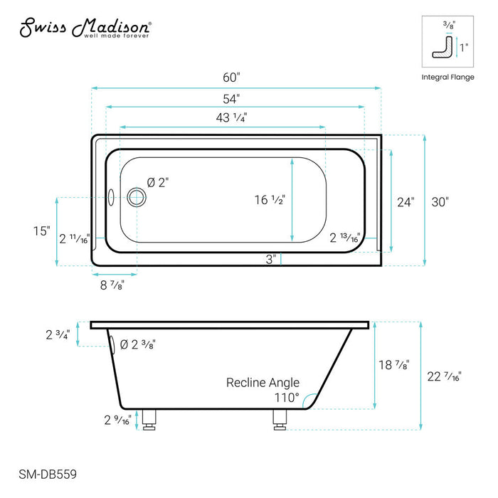 Swiss Madison Voltaire 60" x 30" Left-Hand Drain Alcove Bathtub - SM-DB559