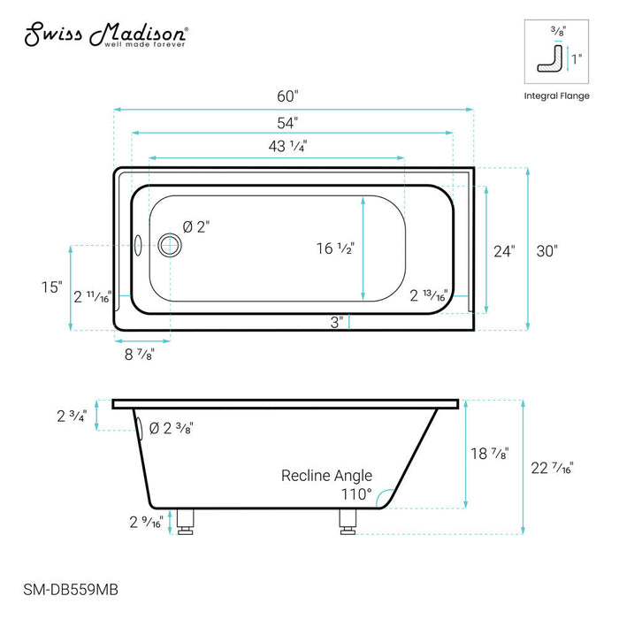 Swiss Madison Voltaire 60" x 30" Left-Hand Drain Alcove Bathtub in Matte Black - SM-DB559MB