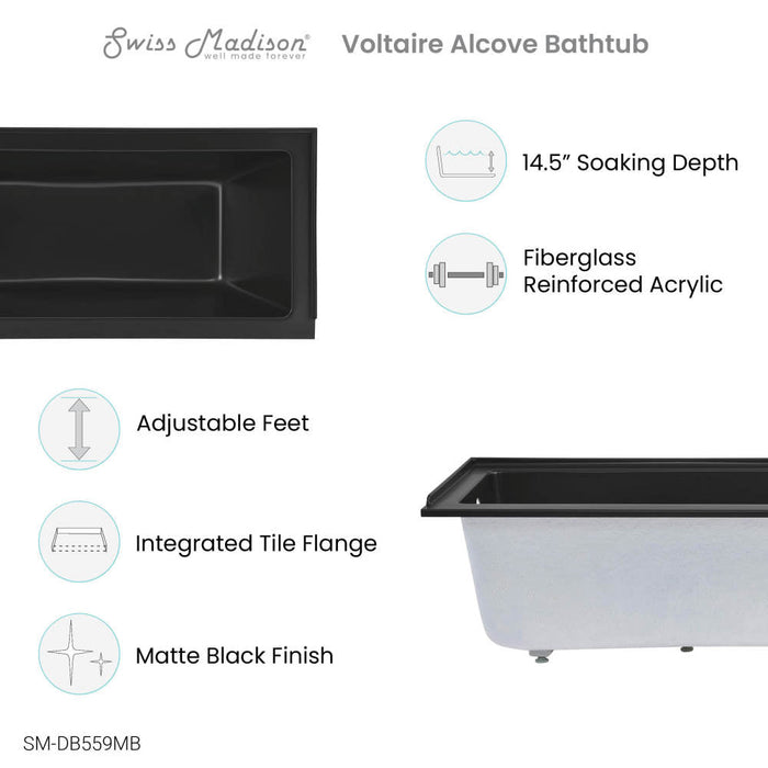 Swiss Madison Voltaire 60" x 30" Left-Hand Drain Alcove Bathtub in Matte Black - SM-DB559MB