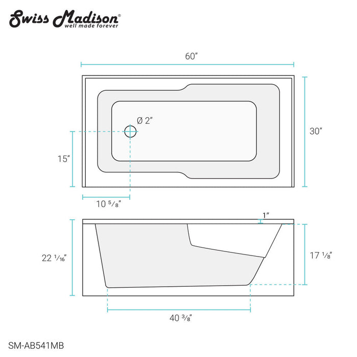 Swiss Madison Voltaire 60" x 30" Left-Hand Drain Alcove Bathtub with Apron in Matte Black - SM-AB541MB