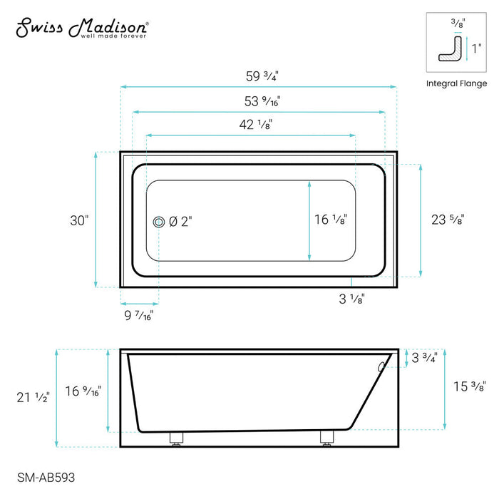 Swiss Madison Voltaire 60" x 30" Left-Hand Drain Alcove Bathtub with Apron - SM-AB593