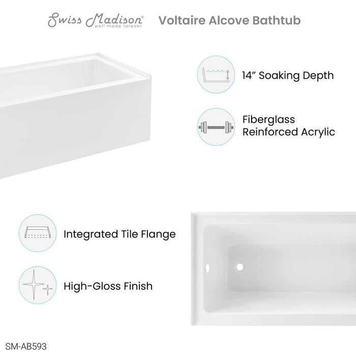 Swiss Madison Voltaire 60" x 30" Left-Hand Drain Alcove Bathtub with Apron - SM-AB593