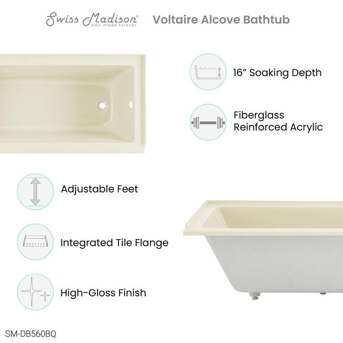 Swiss Madison Voltaire 60" x 30" Right-Hand Drain Alcove Bathtub in Bisque - SM-DB560BQ