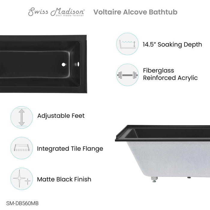 Swiss Madison Voltaire 60" x 30" Right-Hand Drain Alcove Bathtub in Matte Black - SM-DB560MB