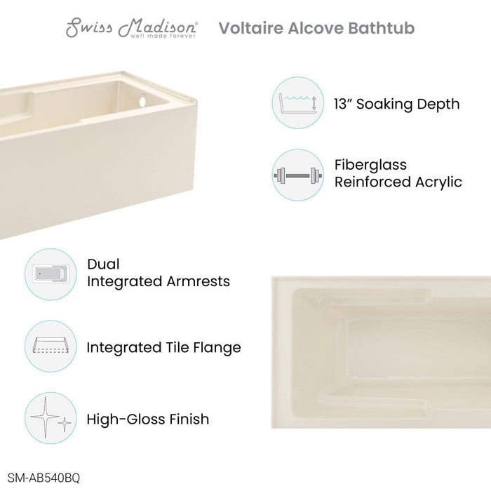 Swiss Madison Voltaire 60" x 30" Right-Hand Drain Alcove Bathtub with Apron in Bisque - SM-AB540BQ