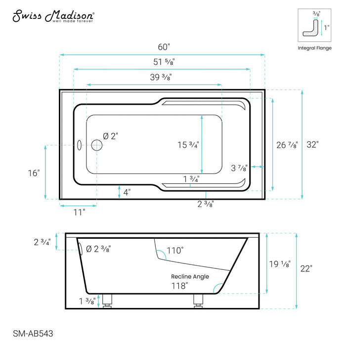 Swiss Madison Voltaire 60" x 32" Left-Hand Drain Alcove Bathtub with Apron and Armrest - SM-AB543