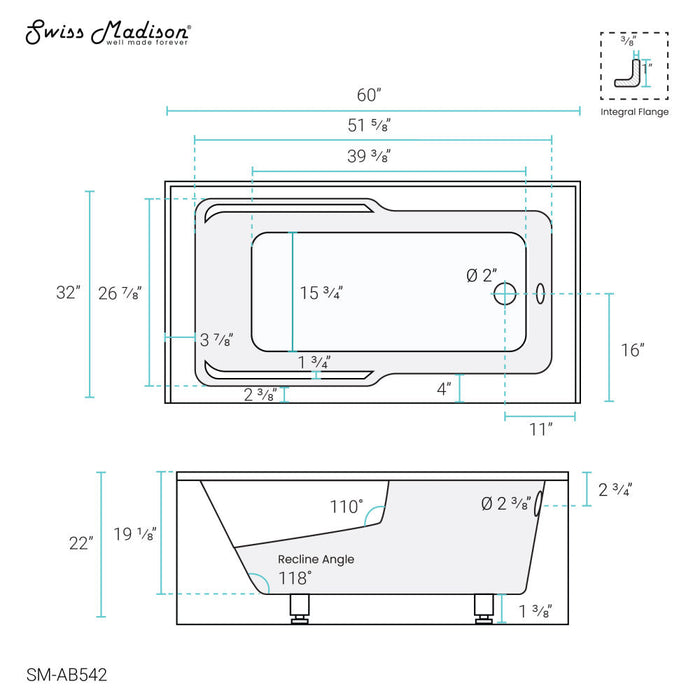 Swiss Madison Voltaire 60" x 32" Right-Hand Drain Alcove Bathtub with Apron and Armrest - SM-AB542