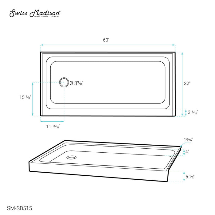 Swiss Madison Voltaire 60" x 32" Acrylic White, Single-Threshold, Left-Hand Drain, Shower Base - SM-SB515