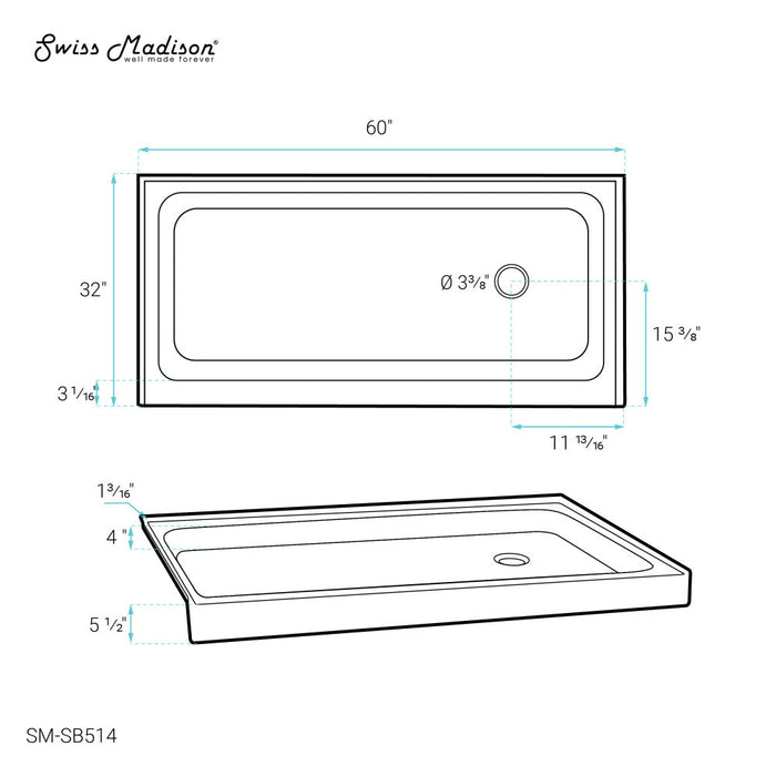 Swiss Madison Voltaire 60" x 32" Acrylic White, Single-Threshold, Right-Hand Drain, Shower Base - SM-SB514