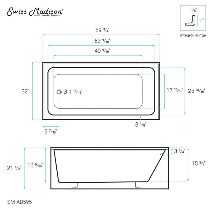 Swiss Madison Voltaire 60" x 32" Left-Hand Drain Alcove Bathtub with Apron - SM-AB595