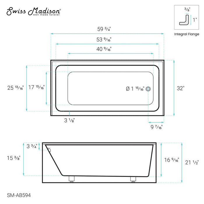 Swiss Madison Voltaire 60" x 32" Right-Hand Drain Alcove Bathtub with Apron - SM-AB594