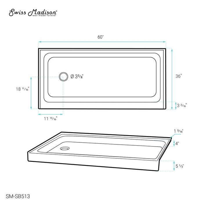 Swiss Madison Voltaire 60" x 36" Acrylic White, Single-Threshold, Left-Hand Drain, Shower Base - SM-SB513