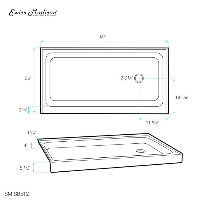 Swiss Madison Voltaire 60" x 36" Acrylic White Single-Threshold, Right-Hand Drain, Shower Base - SM-SB512