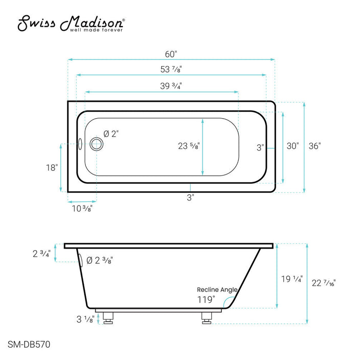 Swiss Madison Voltaire 60" x 36" Reversible Drain Drop-In Bathtub - SM-DB570