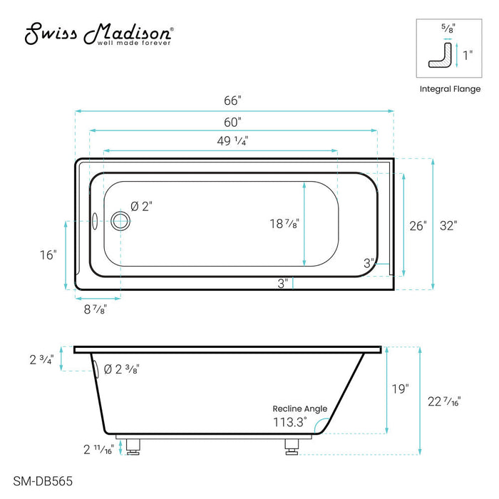 Swiss Madison Voltaire 66" x 32" Left-Hand Drain Alcove Bathtub - SM-DB565