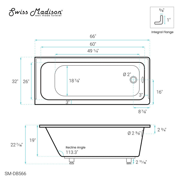 Swiss Madison Voltaire 66" x 32" Right-Hand Drain Alcove Bathtub - SM-DB566