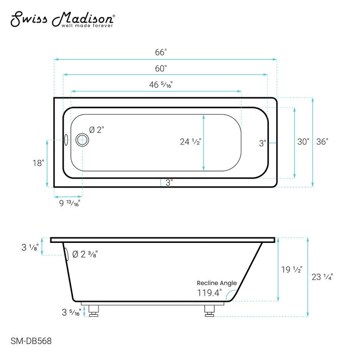 Swiss Madison Voltaire 66" x 36" Reversible Drain Drop-In Bathtub - SM-DB568