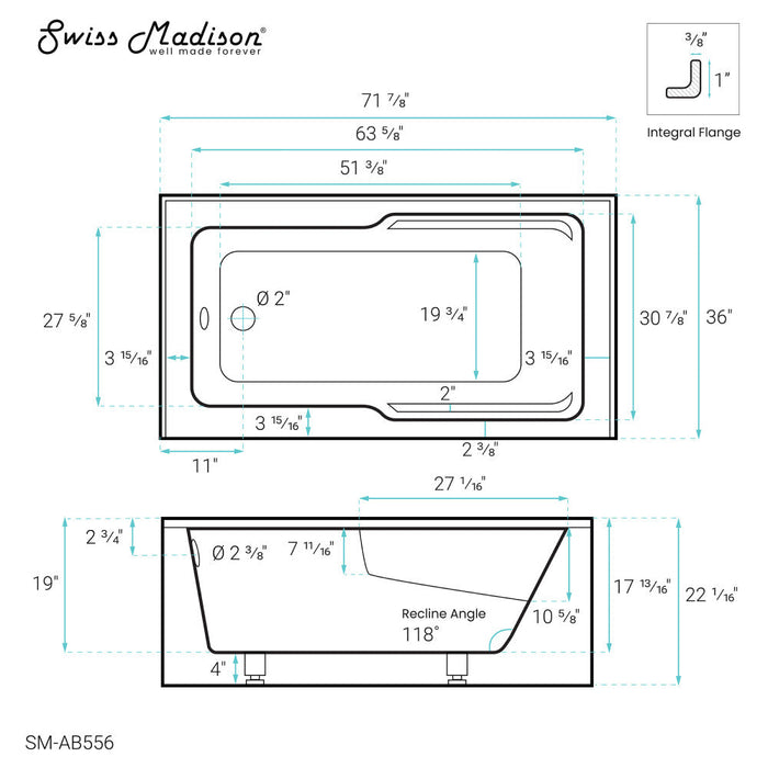 Swiss Madison Voltaire 72" x 36" Left-Hand Drain Alcove Bathtub with Apron and Armrest - SM-AB556