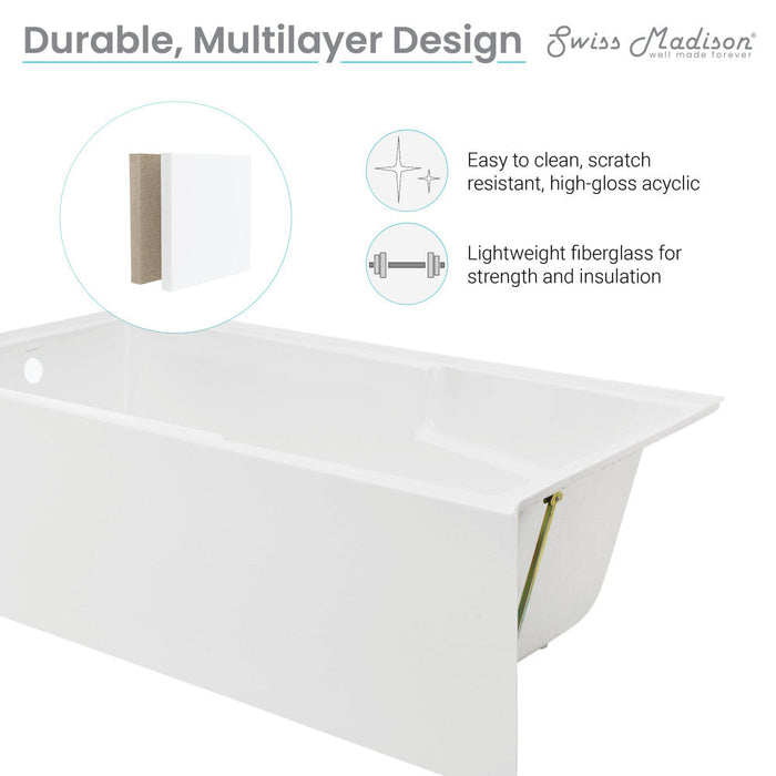 Swiss Madison Voltaire 72" x 36" Left-Hand Drain Alcove Bathtub with Apron and Armrest - SM-AB556