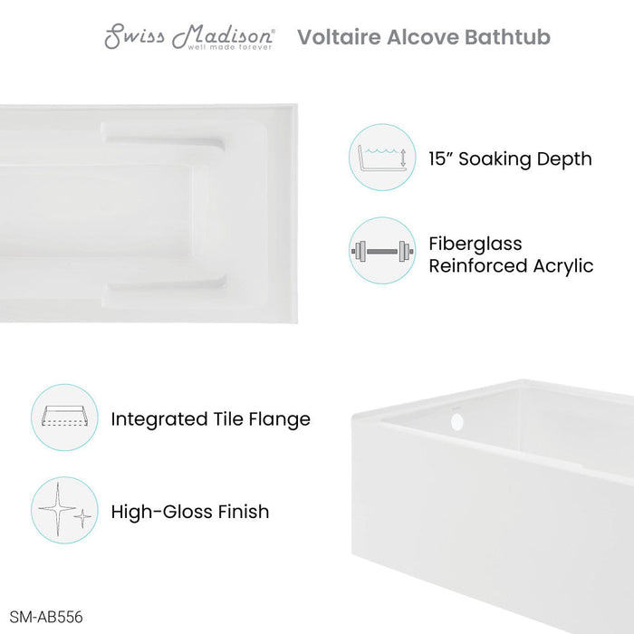 Swiss Madison Voltaire 72" x 36" Left-Hand Drain Alcove Bathtub with Apron and Armrest - SM-AB556