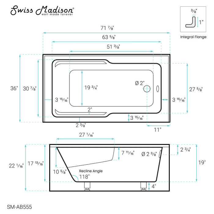 Swiss Madison Voltaire 72" x 36" Right-Hand Drain Alcove Bathtub with Apron and Armrest - SM-AB555