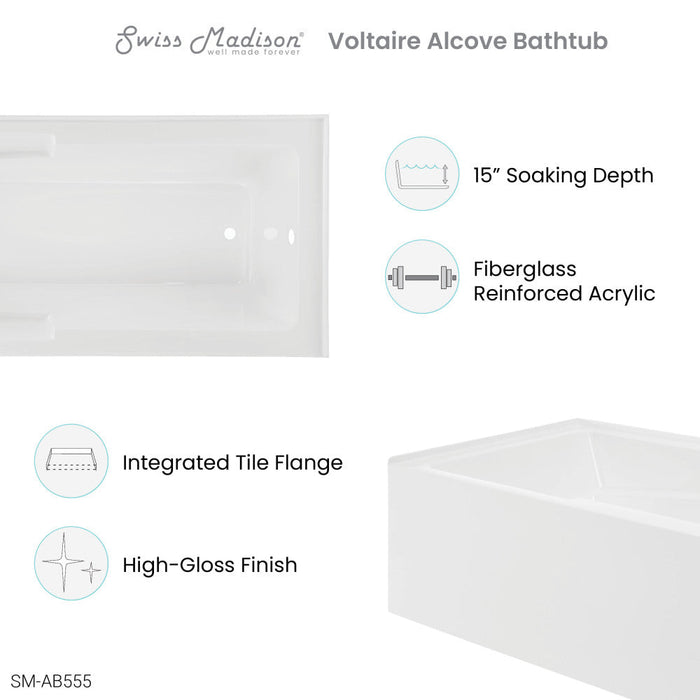 Swiss Madison Voltaire 72" x 36" Right-Hand Drain Alcove Bathtub with Apron and Armrest - SM-AB555