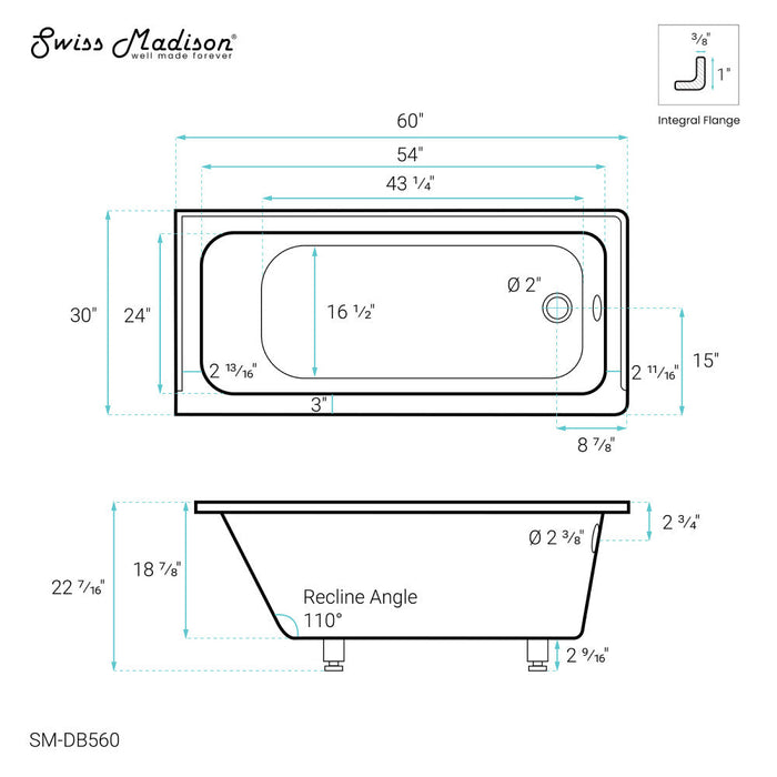 Swiss Madison Voltaire 60" x 30" Right-Hand Drain Alcove Bathtub - SM-DB560