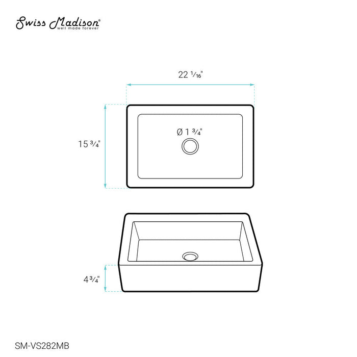 Swiss Madison Voltaire Ceramic Rectangle Vessel Sink, Matte Black - SM-VS282MB