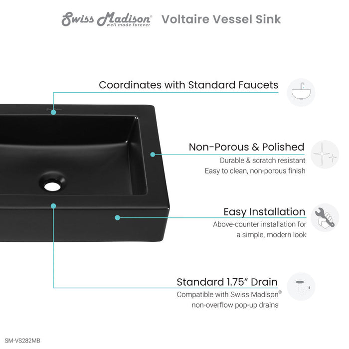 Swiss Madison Voltaire Ceramic Rectangle Vessel Sink, Matte Black - SM-VS282MB