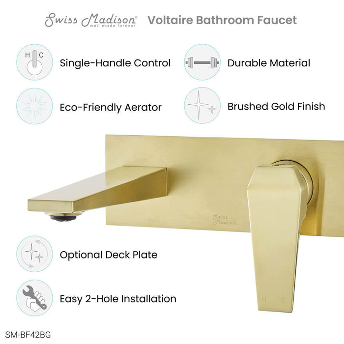 Swiss Madison Voltaire Single-Handle, Wall-Mount, Bathroom Faucet in Brushed Gold - SM-BF42BG