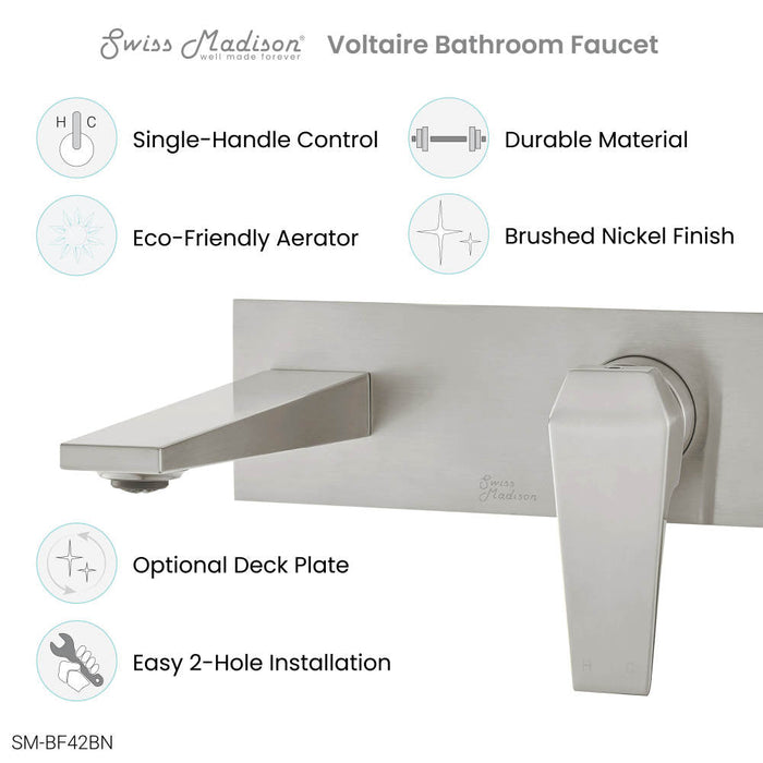 Swiss Madison Voltaire Single-Handle, Wall-Mount, Bathroom Faucet in Brushed Nickel - SM-BF42BN