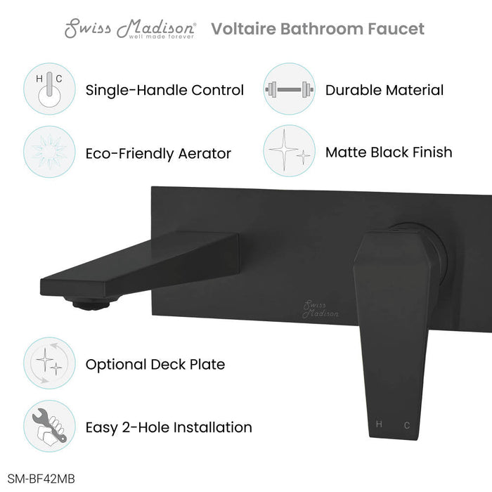 Swiss Madison Voltaire Single-Handle, Wall-Mount, Bathroom Faucet in Matte Black - SM-BF42MB