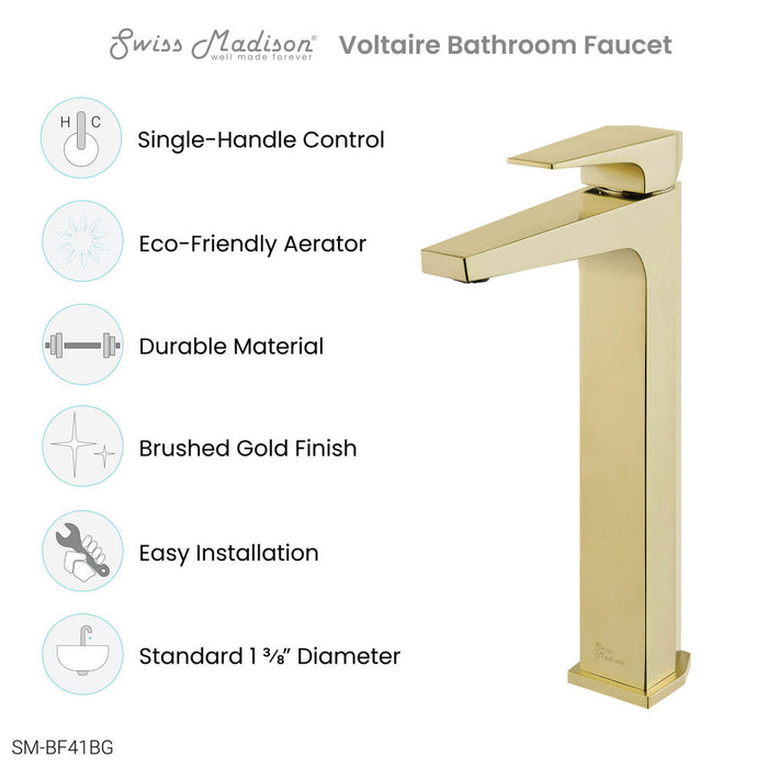 Swiss Madison Voltaire Single Hole, Single-Handle, High Arc Bathroom Faucet in Brushed Gold - SM-BF41BG