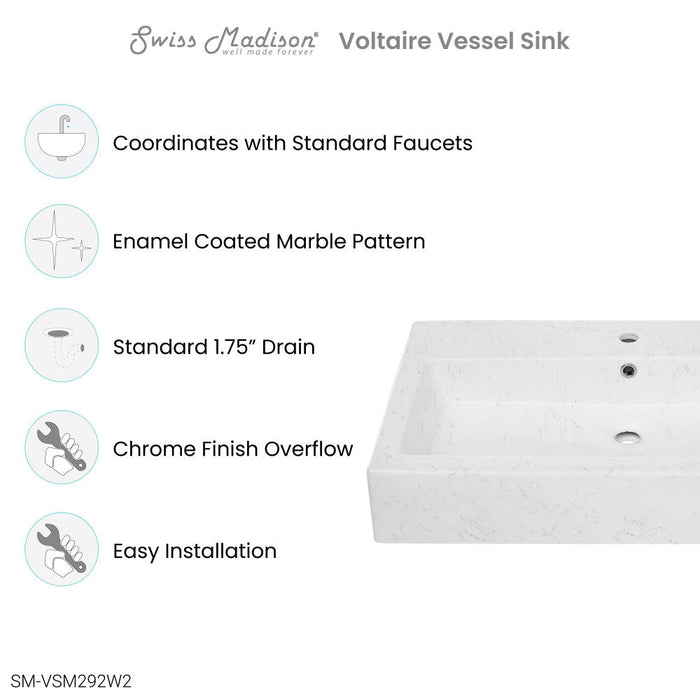 Swiss Madison Voltaire Wide Rectangle Vessel Sink in Static Marble - SM-VSM292W2