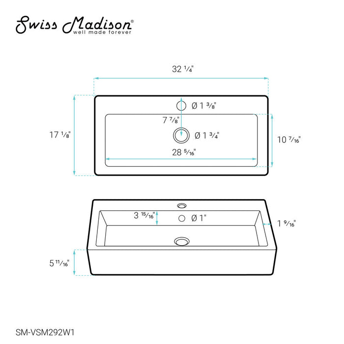 Swiss Madison Voltaire Wide Rectangle Vessel Sink in White Marble - SM-VSM292W1