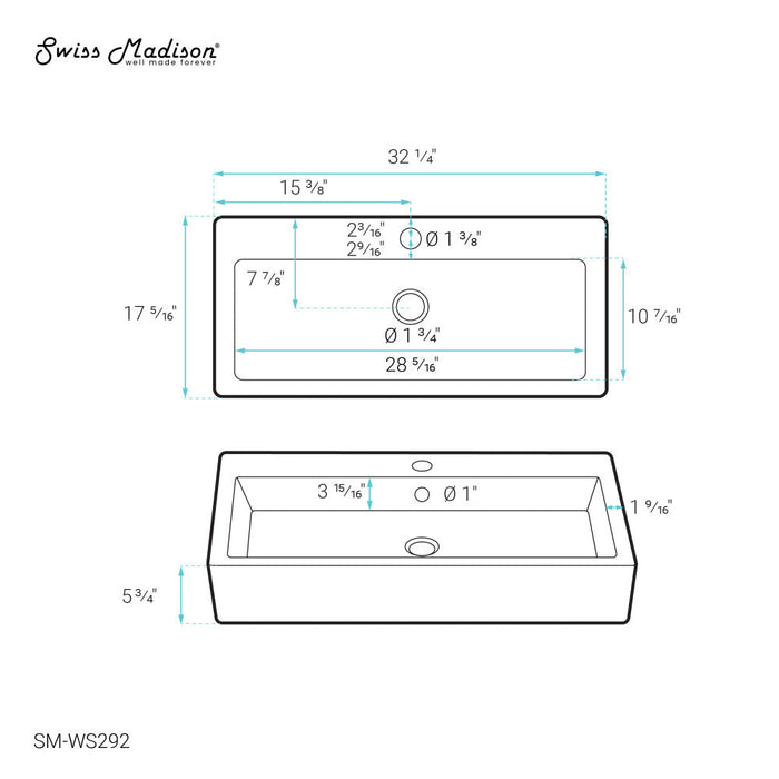 Swiss Madison Voltaire Wide Rectangle Wall-Mount Sink in Shiny White - SM-WS292