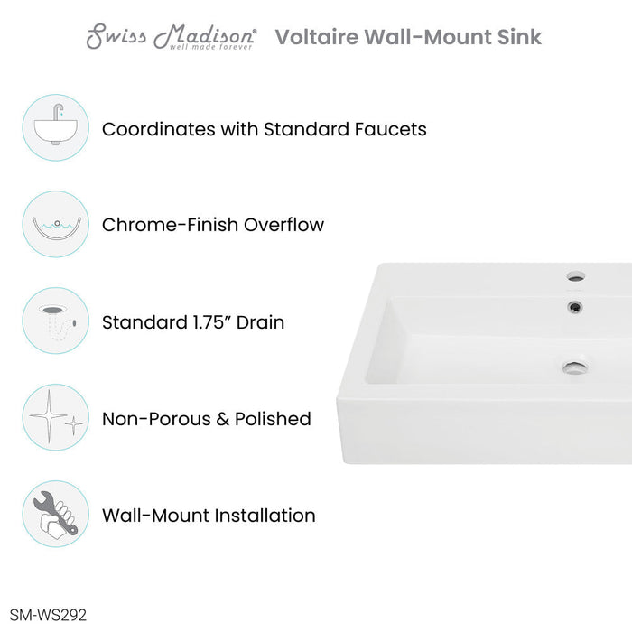 Swiss Madison Voltaire Wide Rectangle Wall-Mount Sink in Shiny White - SM-WS292