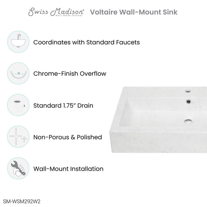 Swiss Madison Voltaire Wide Rectangle Wall Hung Sink in Static Marble - SM-WSM292W2