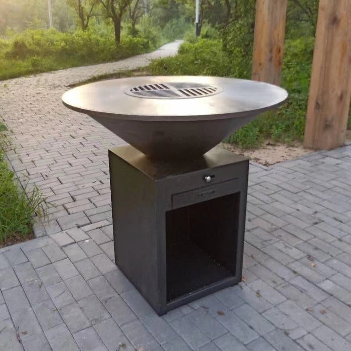 Grill King Round Wooden Charcoal Fire Pit Outdoor BBQ With Wooden Platter Ring, Castors and Grilling Plates